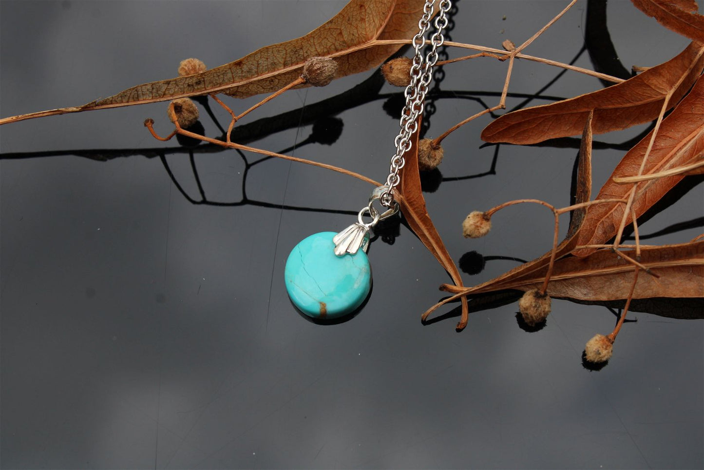 Collier turquoise RECONSTITUEE avec chaîne inox - Aurore Lune 