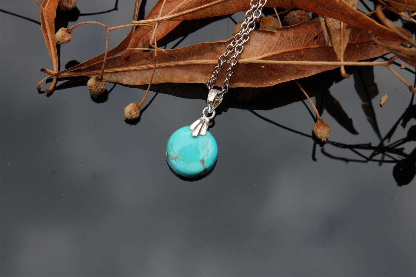 Collier turquoise RECONSTITUEE avec chaîne inox - Aurore Lune 