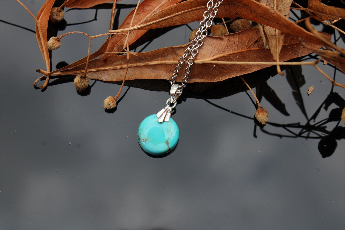 Collier turquoise RECONSTITUEE avec chaîne inox - Aurore Lune 