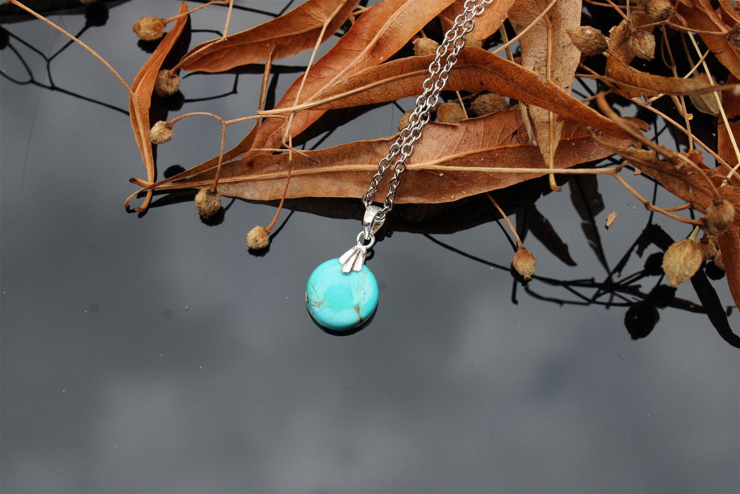 Collier turquoise RECONSTITUEE avec chaîne inox - Aurore Lune 