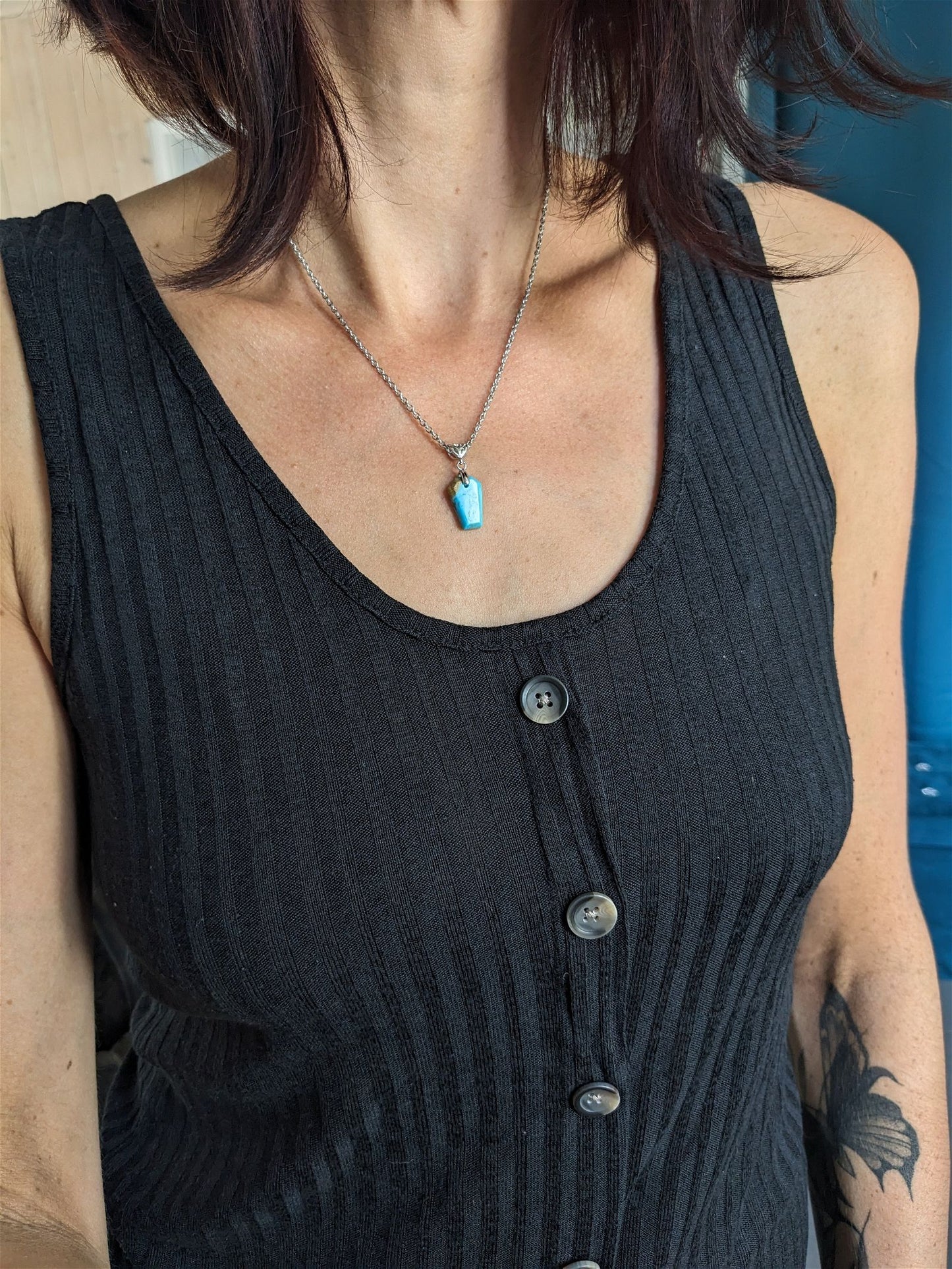 Collier turquoise RECONSTITUEE avec chaîne inox - Aurore Lune 