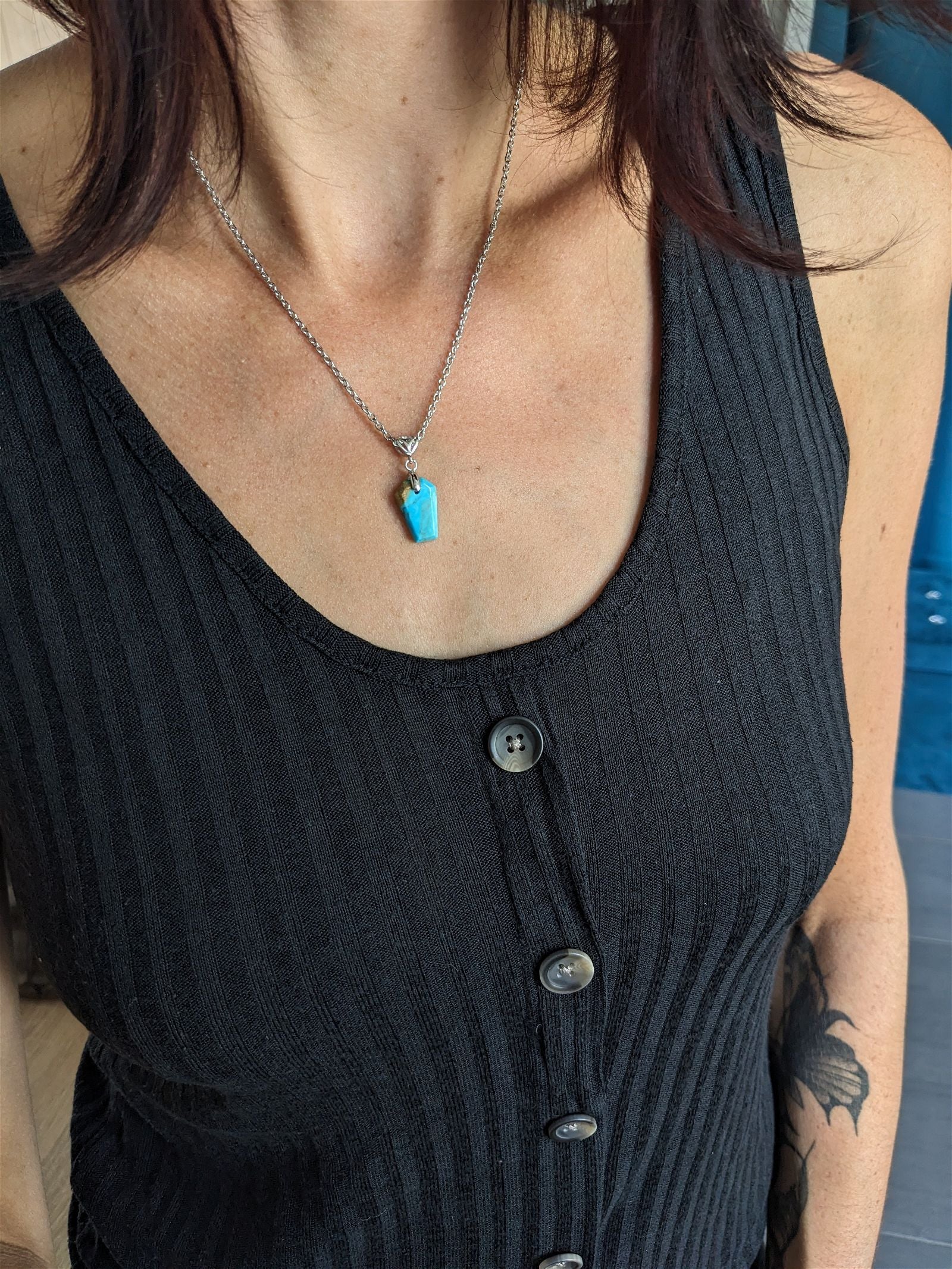 Collier turquoise RECONSTITUEE avec chaîne inox - Aurore Lune 