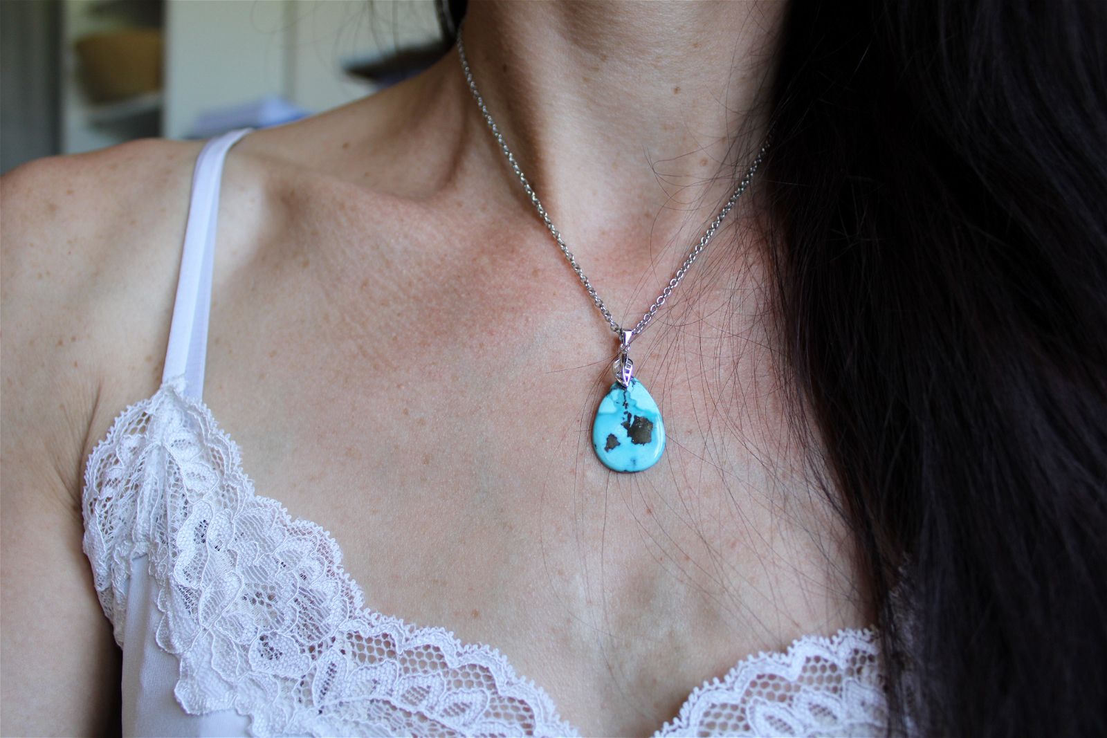 Collier turquoise avec chaîne inox - Aurore Lune 