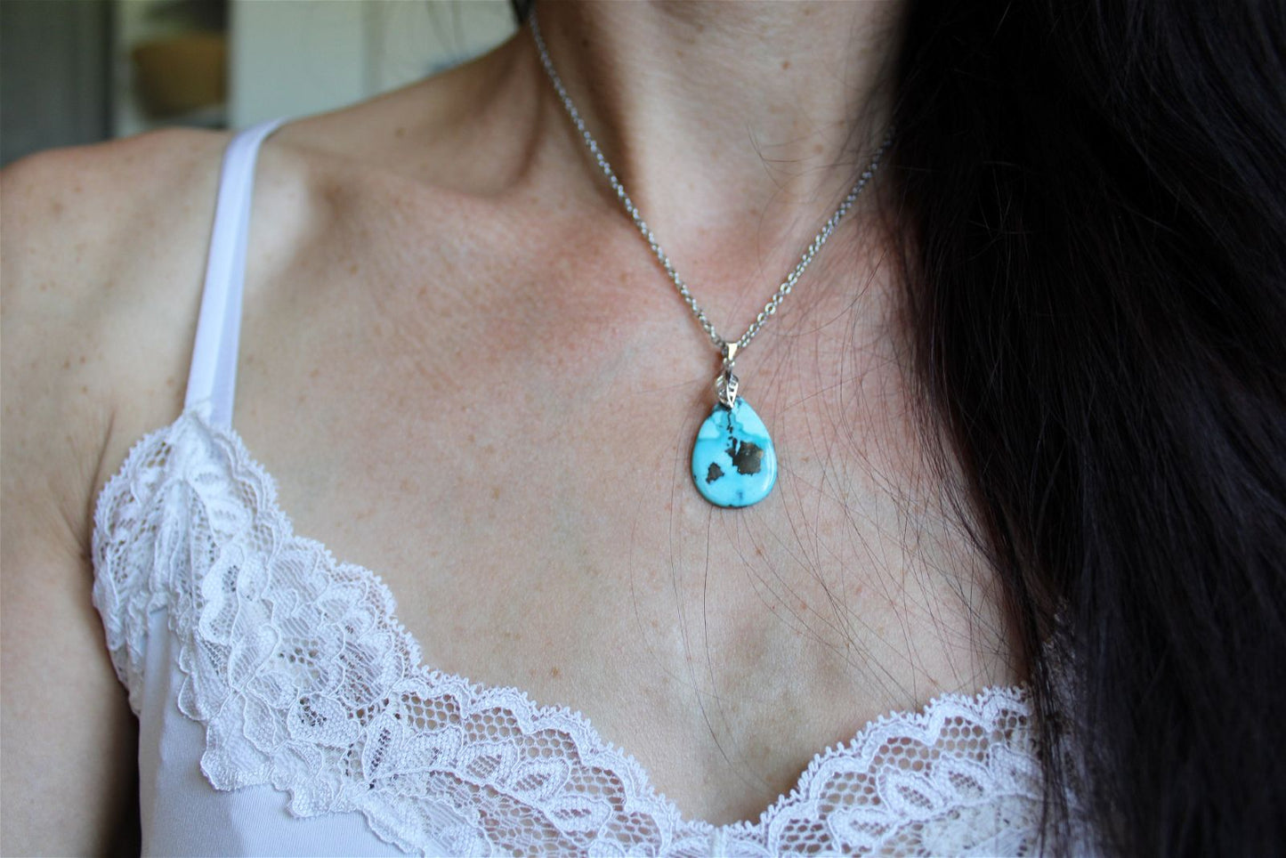 Collier turquoise avec chaîne inox - Aurore Lune 