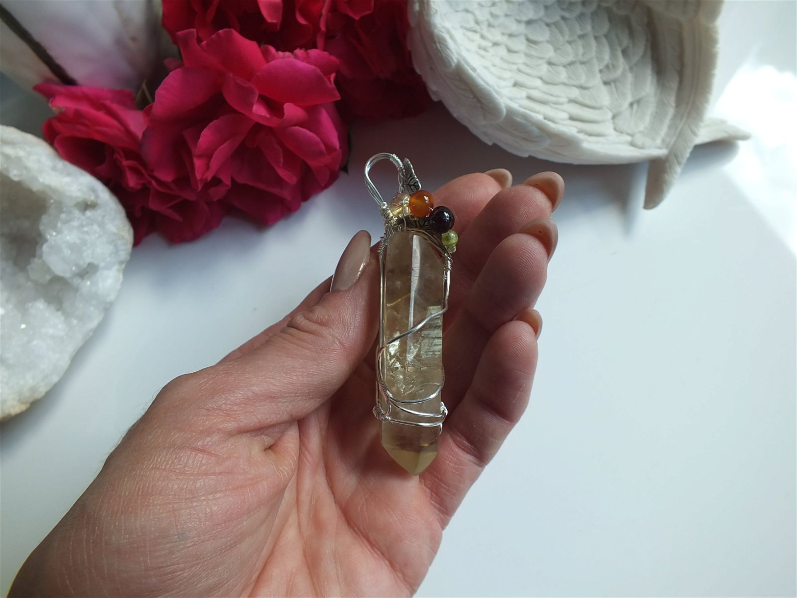 Collier wirewrap pointe de citrine XL double authentique - Aurore Lune 