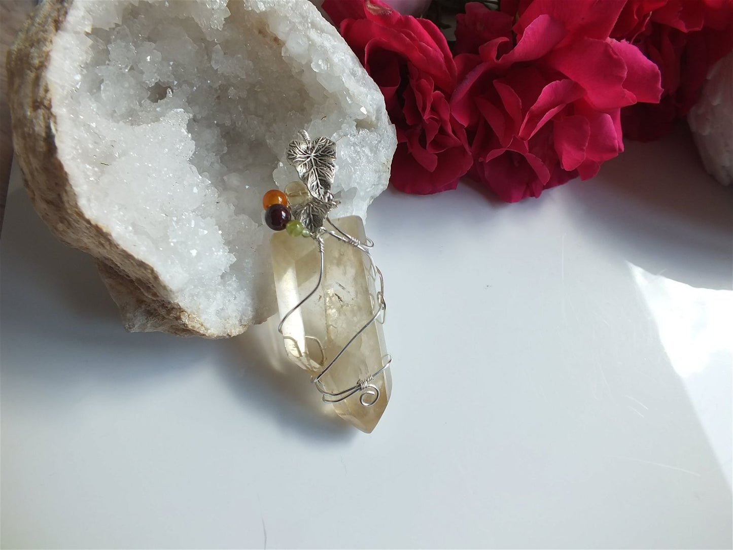 Collier wirewrap pointe de citrine XL double authentique - Aurore Lune 