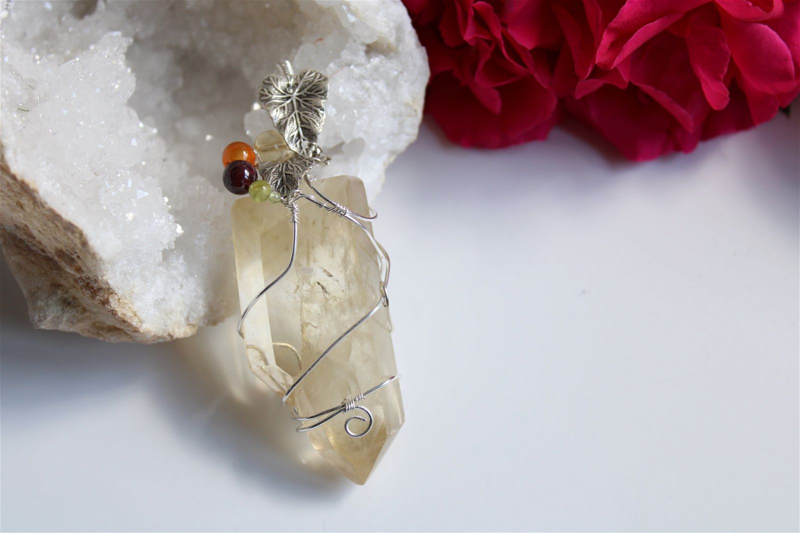 Collier wirewrap pointe de citrine XL double authentique - Aurore Lune 