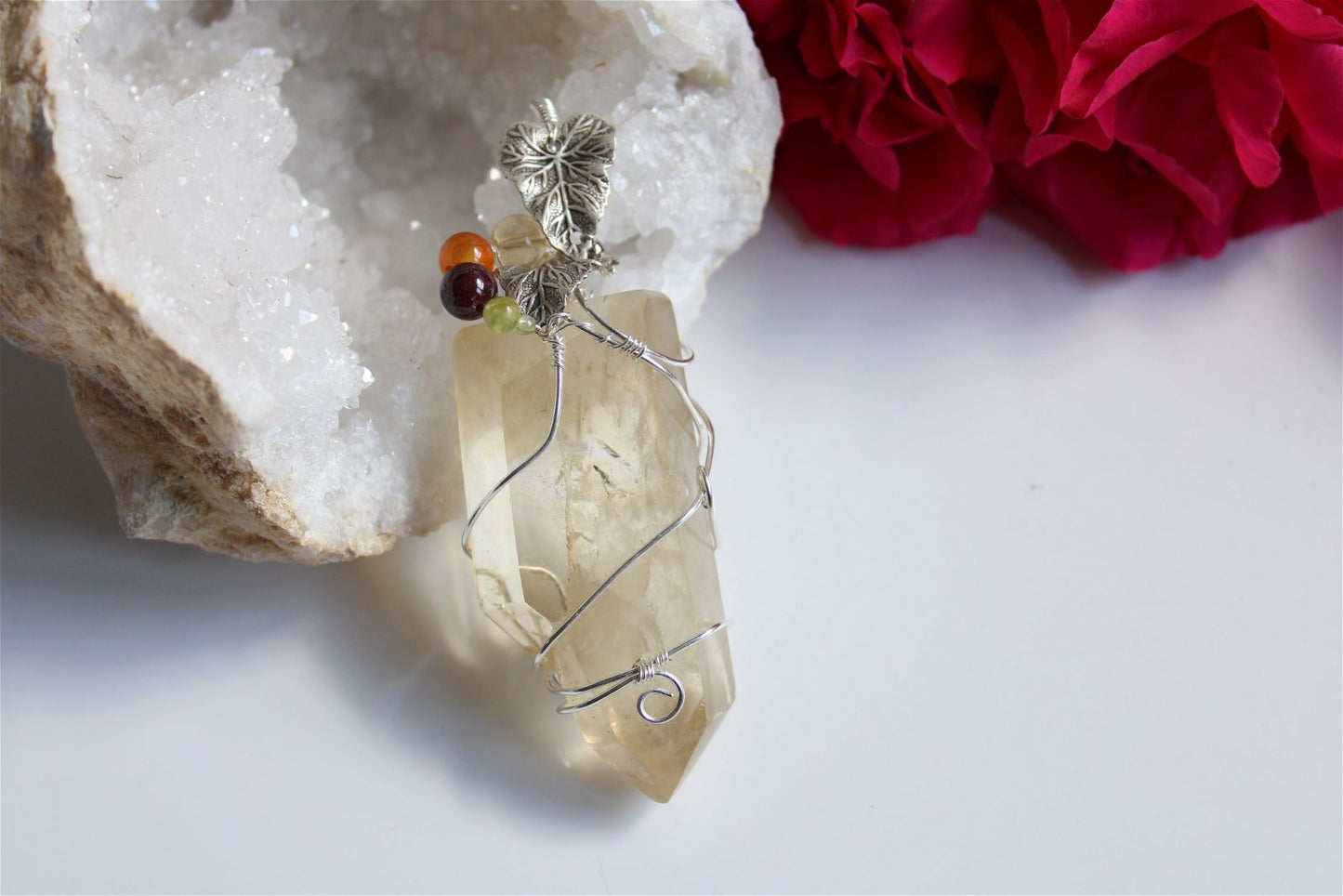 Collier wirewrap pointe de citrine XL double authentique - Aurore Lune 