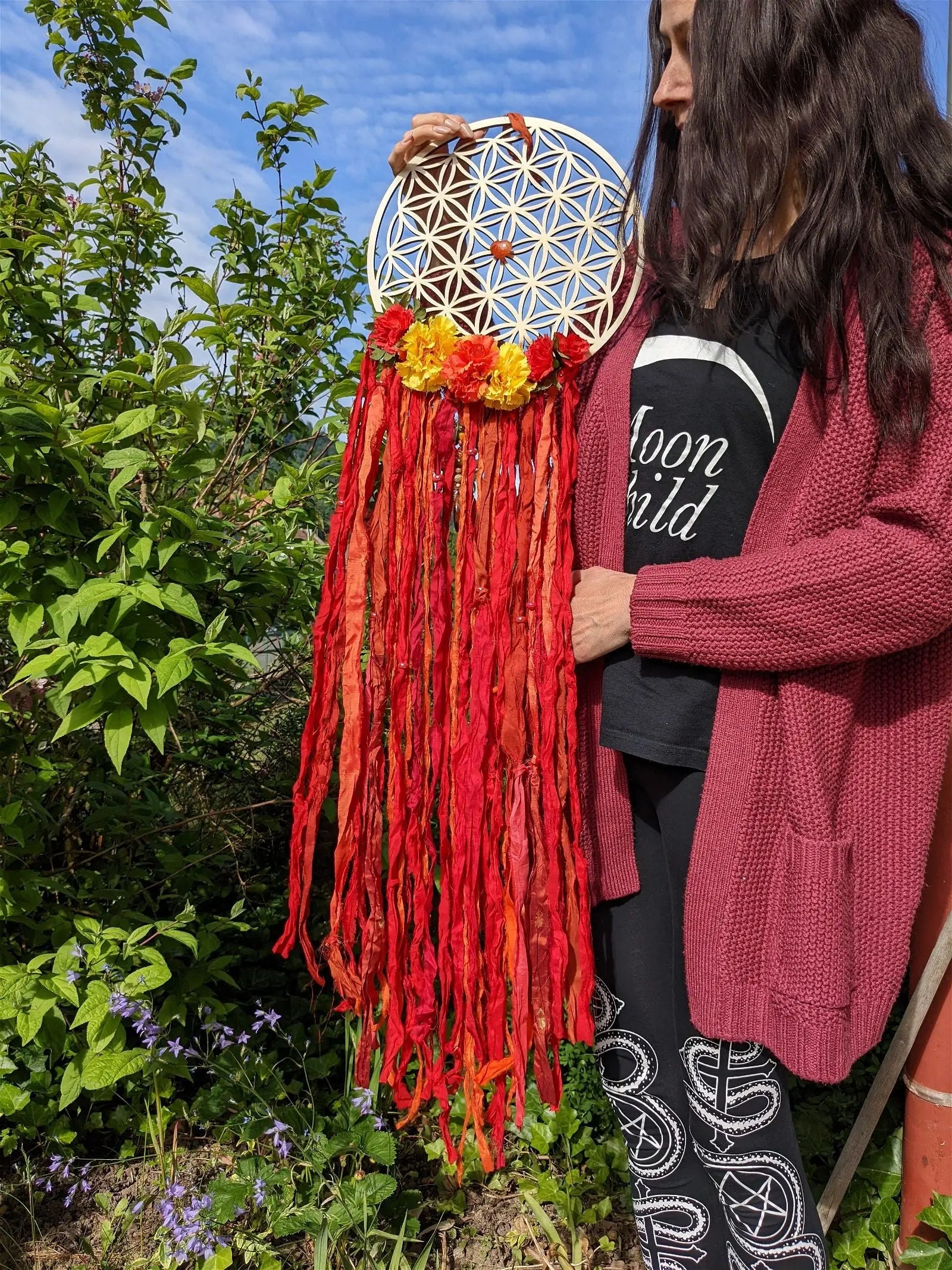 Décoration 114 cm de haut FLEUR DE VIE ET SOIE **boho chic gypsy** - Aurore Lune 
