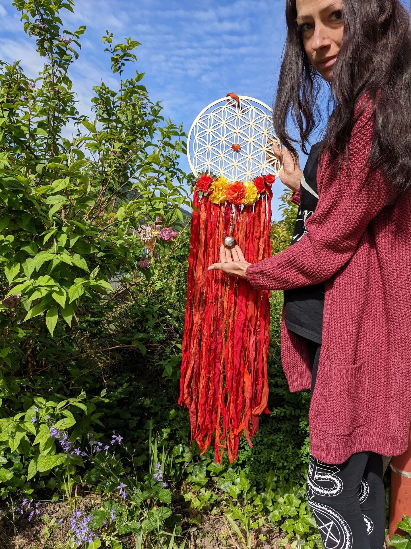Décoration 114 cm de haut FLEUR DE VIE ET SOIE **boho chic gypsy** - Aurore Lune 