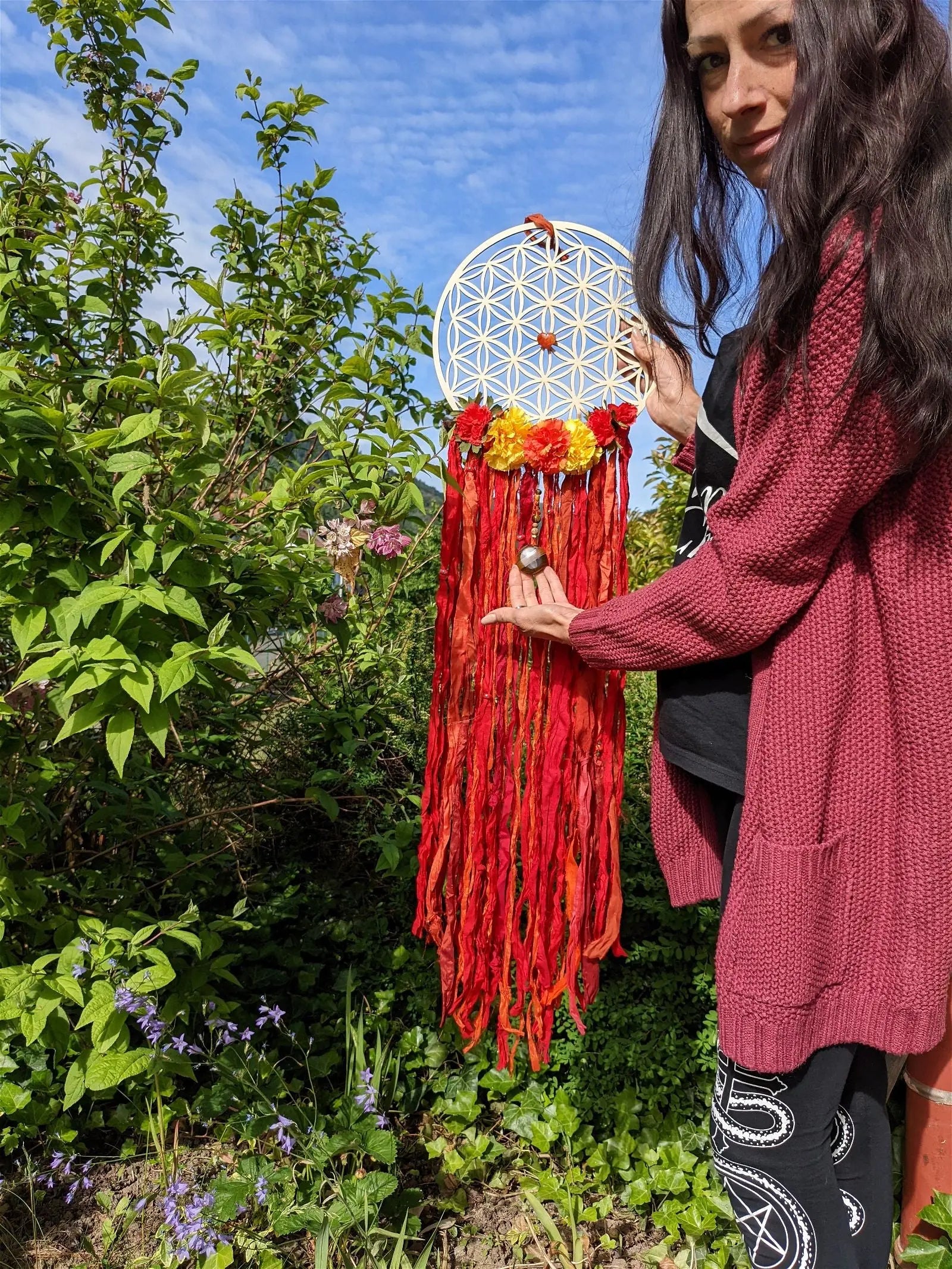 Décoration 114 cm de haut FLEUR DE VIE ET SOIE **boho chic gypsy** - Aurore Lune 