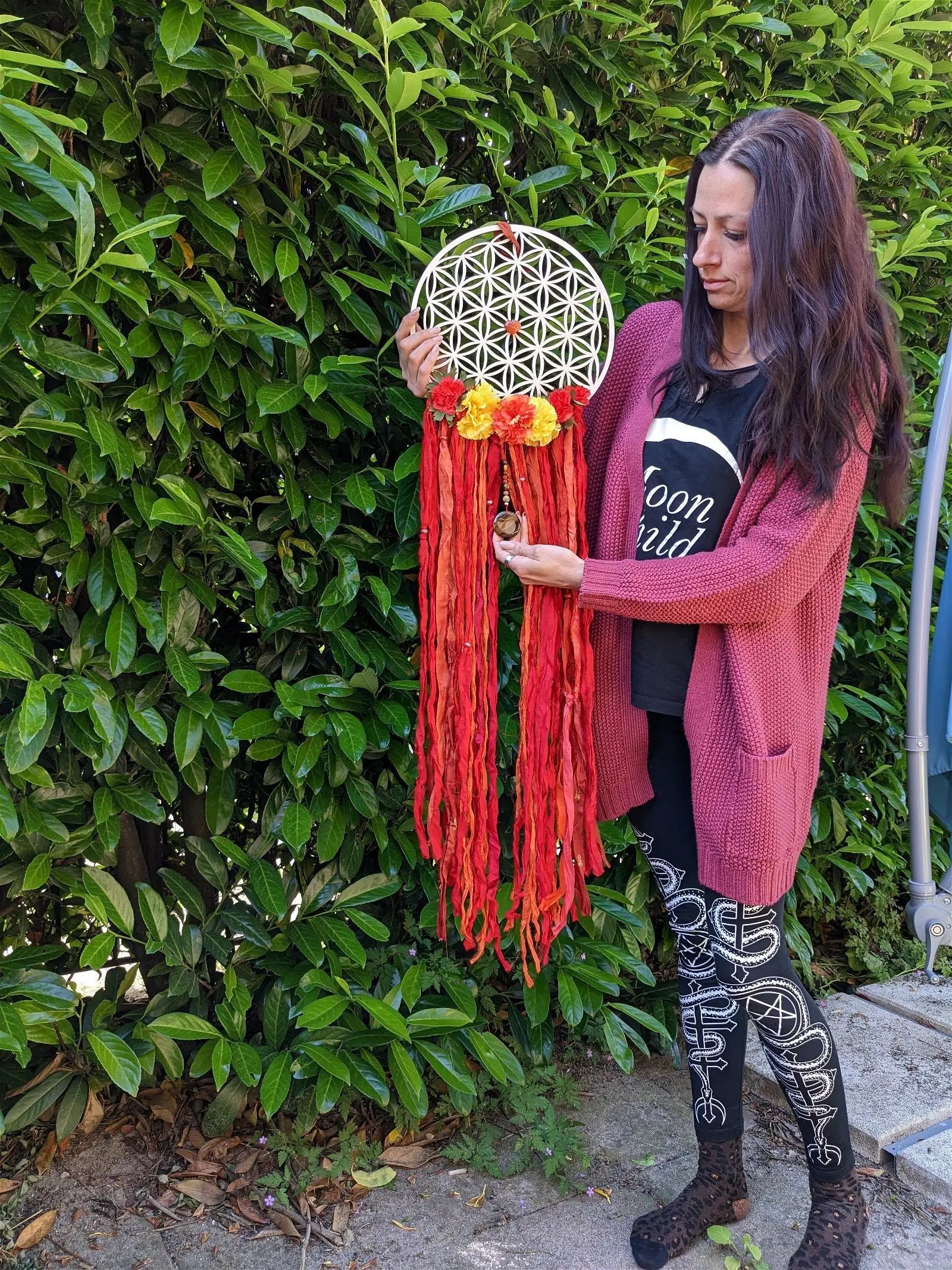 Décoration 114 cm de haut FLEUR DE VIE ET SOIE **boho chic gypsy** - Aurore Lune 
