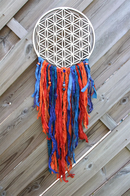 Décoration FLEUR DE VIE ET SOIE **boho chic gypsy** sodalite ambre - Aurore Lune 