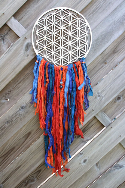Décoration FLEUR DE VIE ET SOIE **boho chic gypsy** sodalite ambre - Aurore Lune 