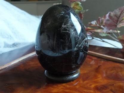Gros oeuf en quartz morion avec support - Aurore Lune 