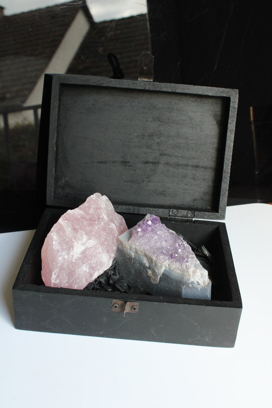 Box boîte à offrir quartz rose et améthyste brutes