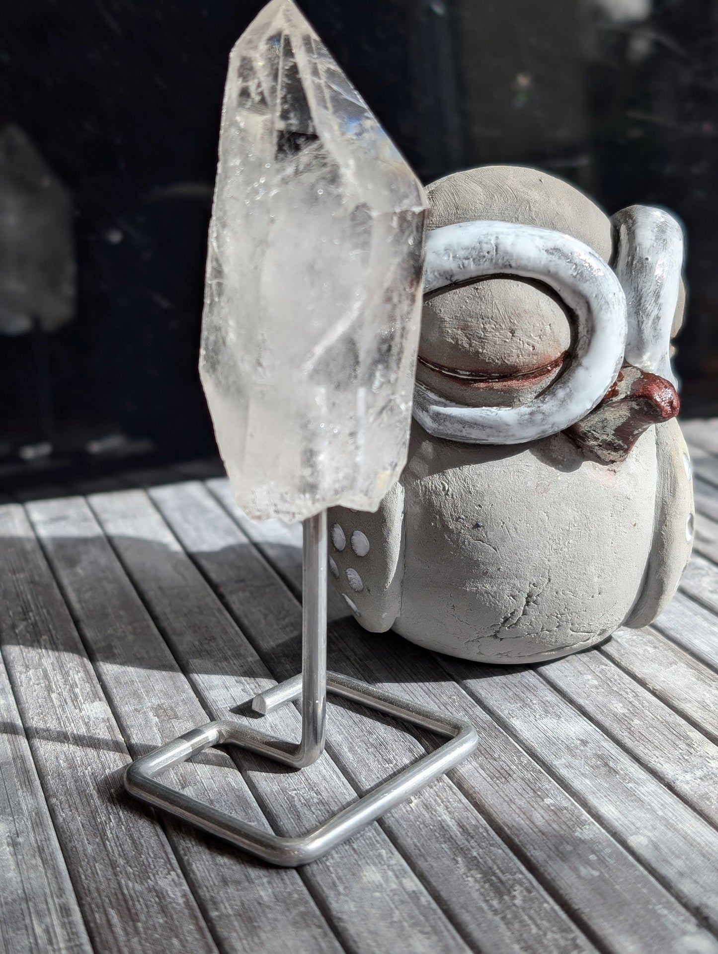 Lot poterie chouette et cristal de roche à poser - Aurore Lune 