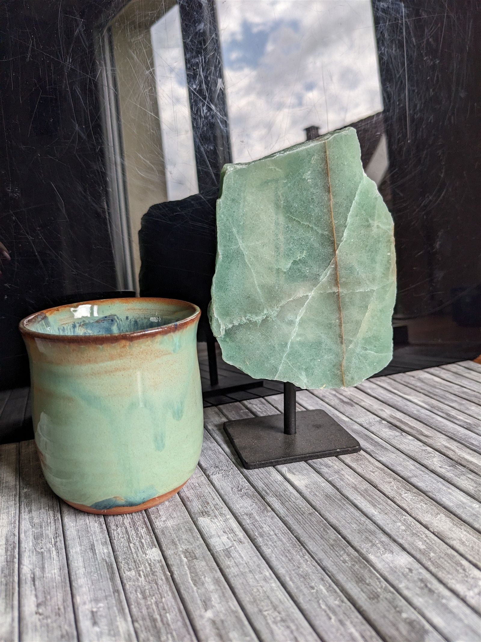 Lot unique poterie tasse et 1 aventurine verte sur socle - Aurore Lune 