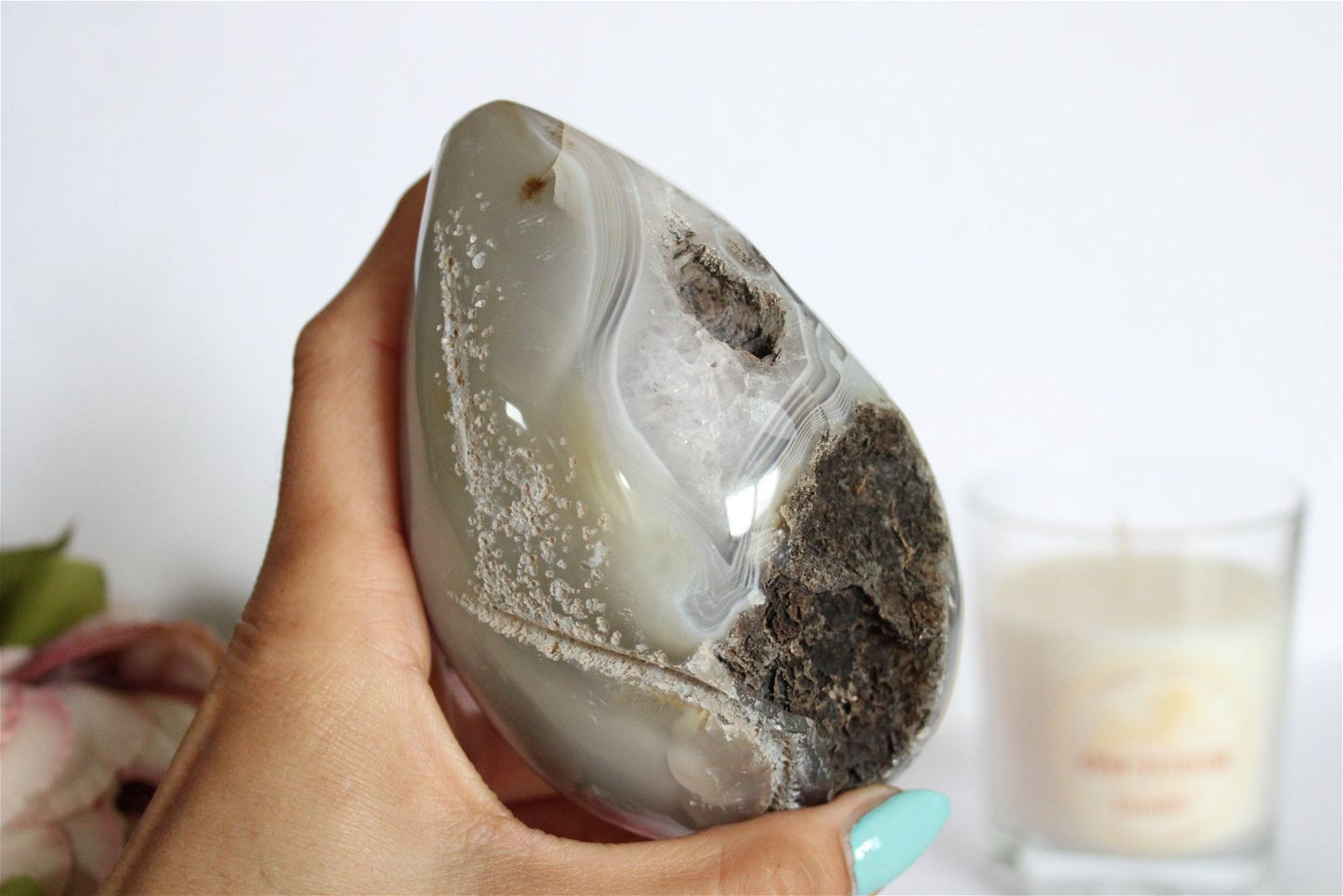 Oeuf Agate améthysée druse- géode * RARE * 555 grammes - 11.5 cm - 8 cm large - Aurore Lune 