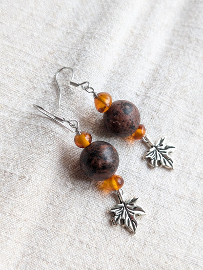 Boucles d'oreille obsidienne acajou et ambre - Aurore Lune