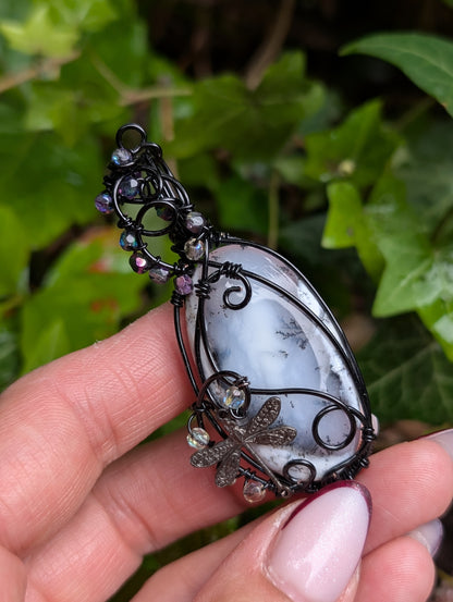 Collier wirewrap opale à dendrites ou merlinite