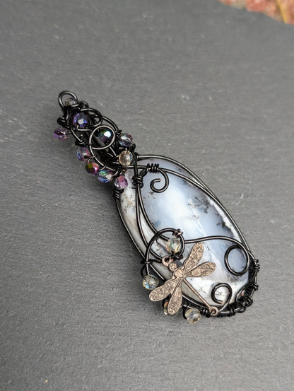 Collier wirewrap opale à dendrites ou merlinite
