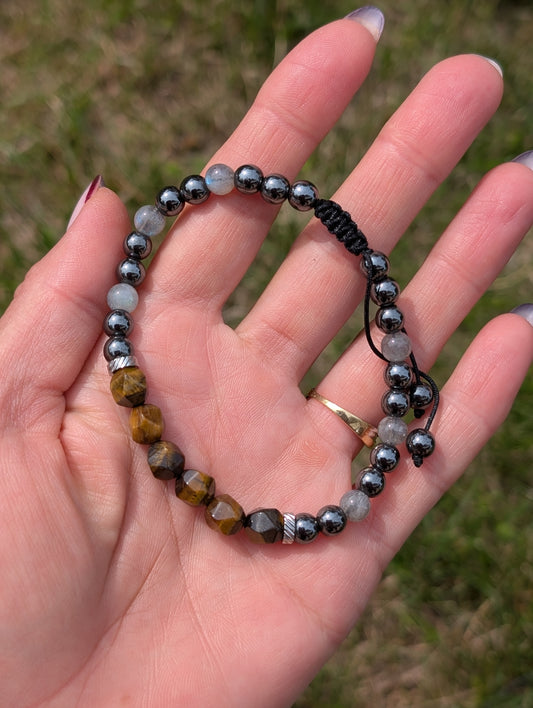 Bracelet réglable macramé labradorite oeil de tigre hématite 20 cm minimum