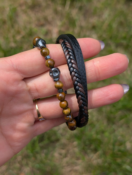 Bracelet cuir hématite onyx oeil de tigre 18 cm