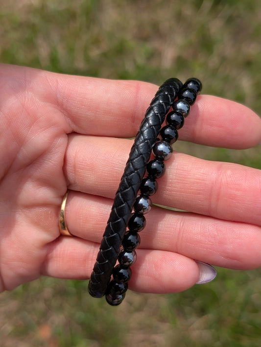 Bracelet cuir onyx hématite 18 cm