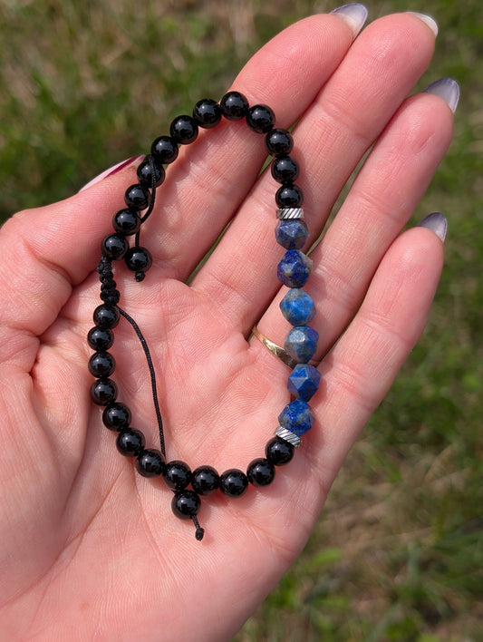 Bracelet réglable macramé lapis lazuli onyx inox 20 cm minimum