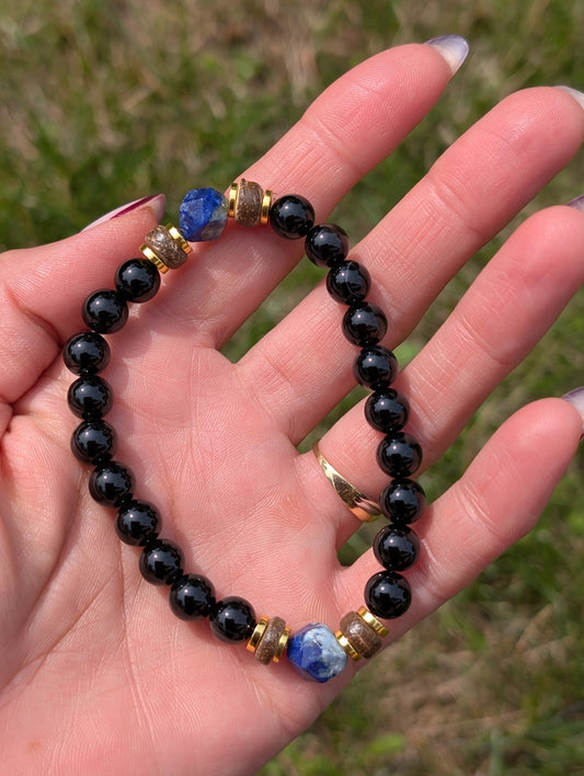 Bracelet lapis lazuli inox bois élastique 18 cm