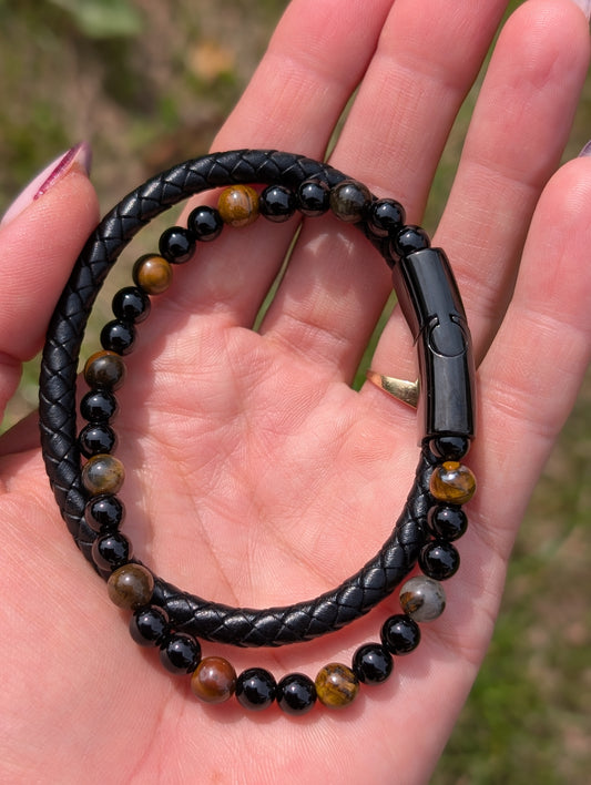 Bracelet cuir oeil de tigre onyx 18 cm