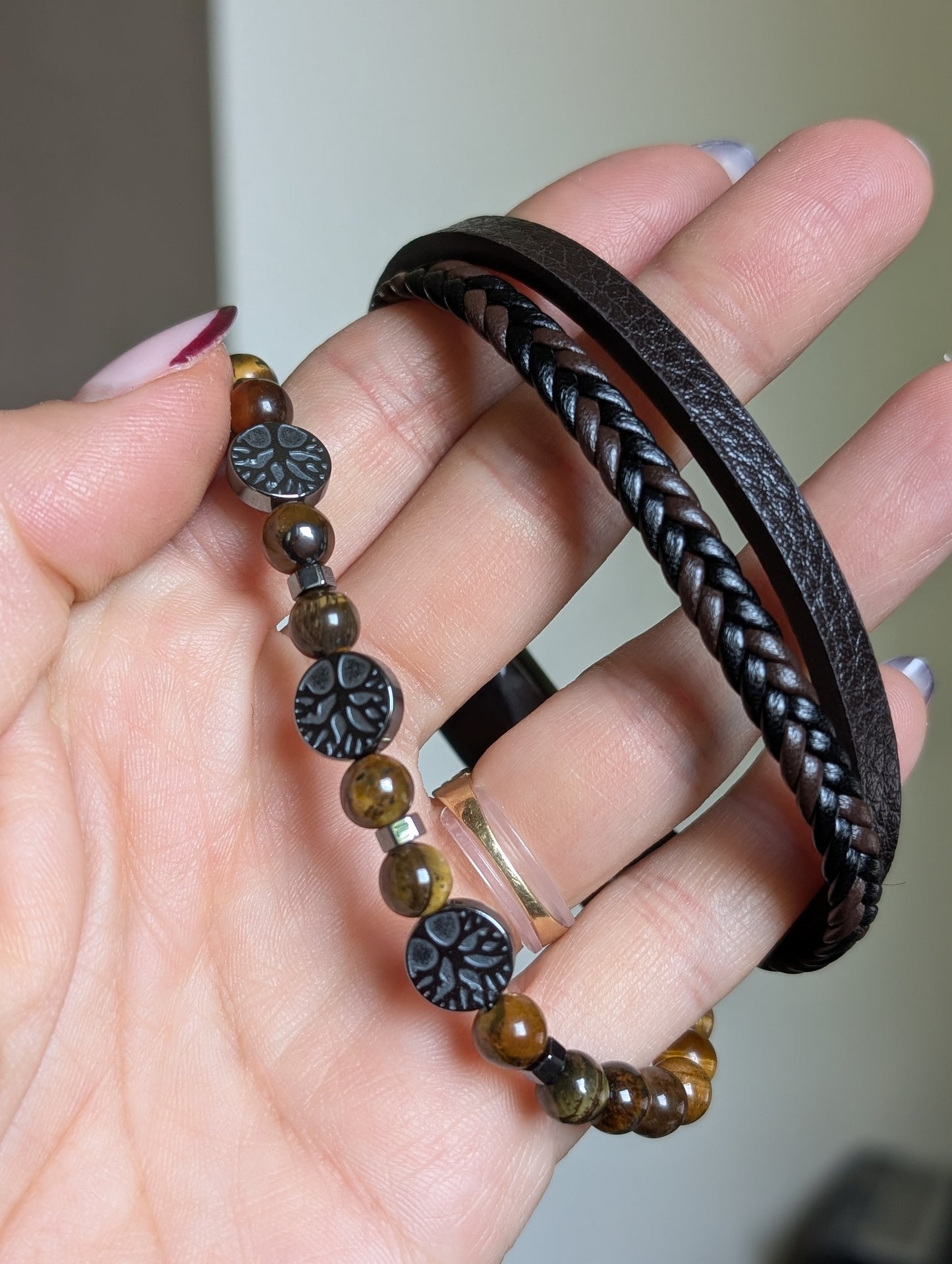 Bracelet cuir onyx hématite 18 cm