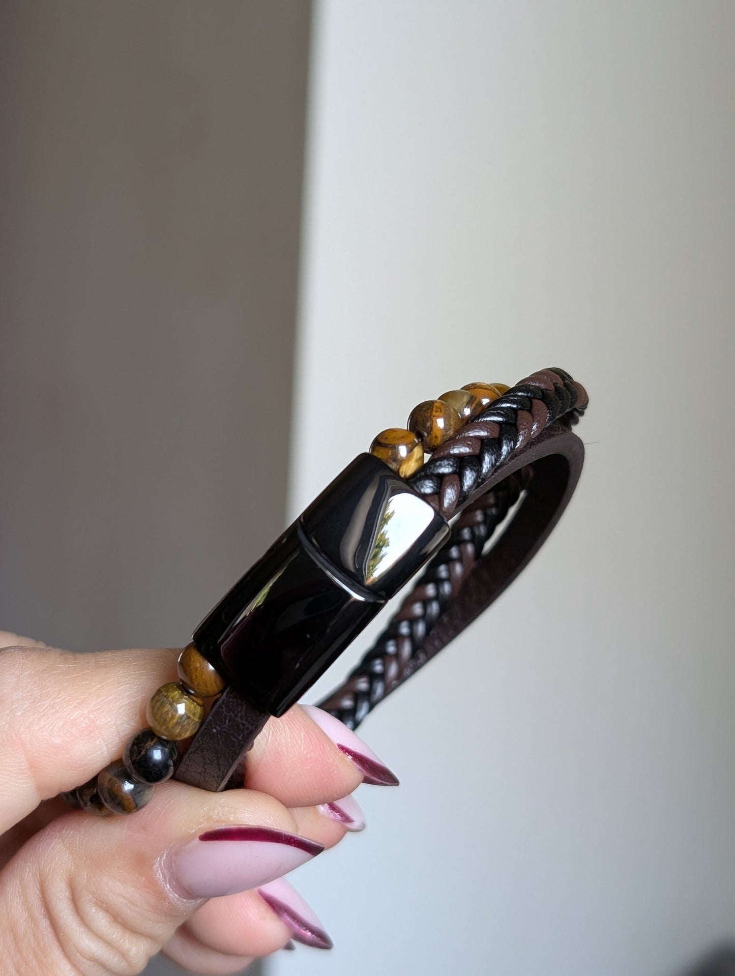 Bracelet cuir onyx hématite 18 cm