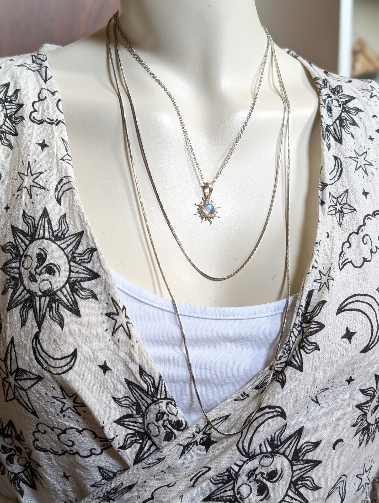 Collier double avec labradorite blanche pierre de lune arc-en-ciel