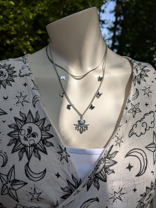 Collier double avec labradorite blanche pierre de lune arc-en-ciel