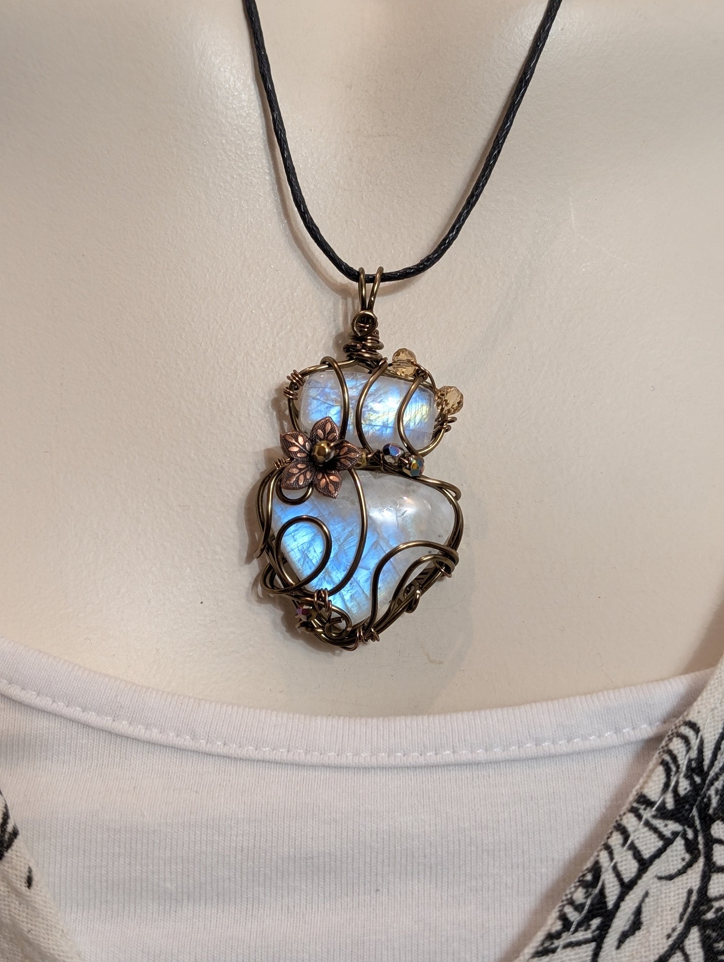 Collier double labradorite blanche pierre de lune arc-en-ciel