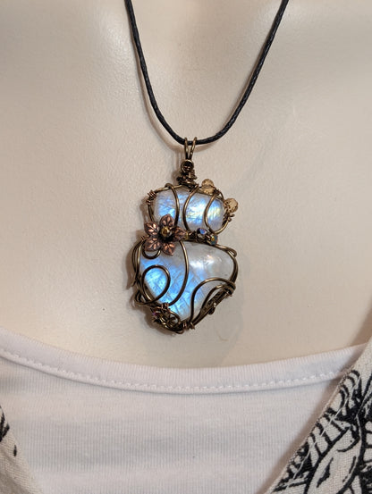 Collier double labradorite blanche pierre de lune arc-en-ciel