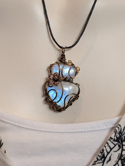 Collier double labradorite blanche pierre de lune arc-en-ciel