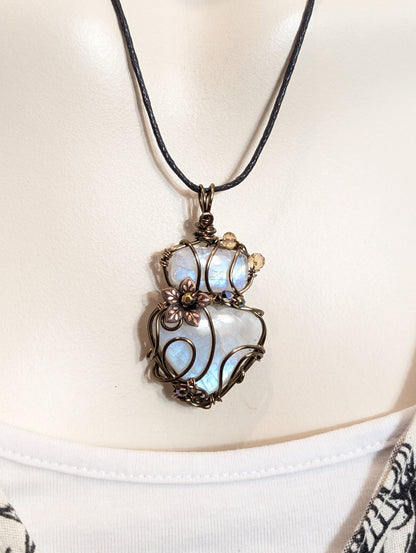 Collier double labradorite blanche pierre de lune arc-en-ciel