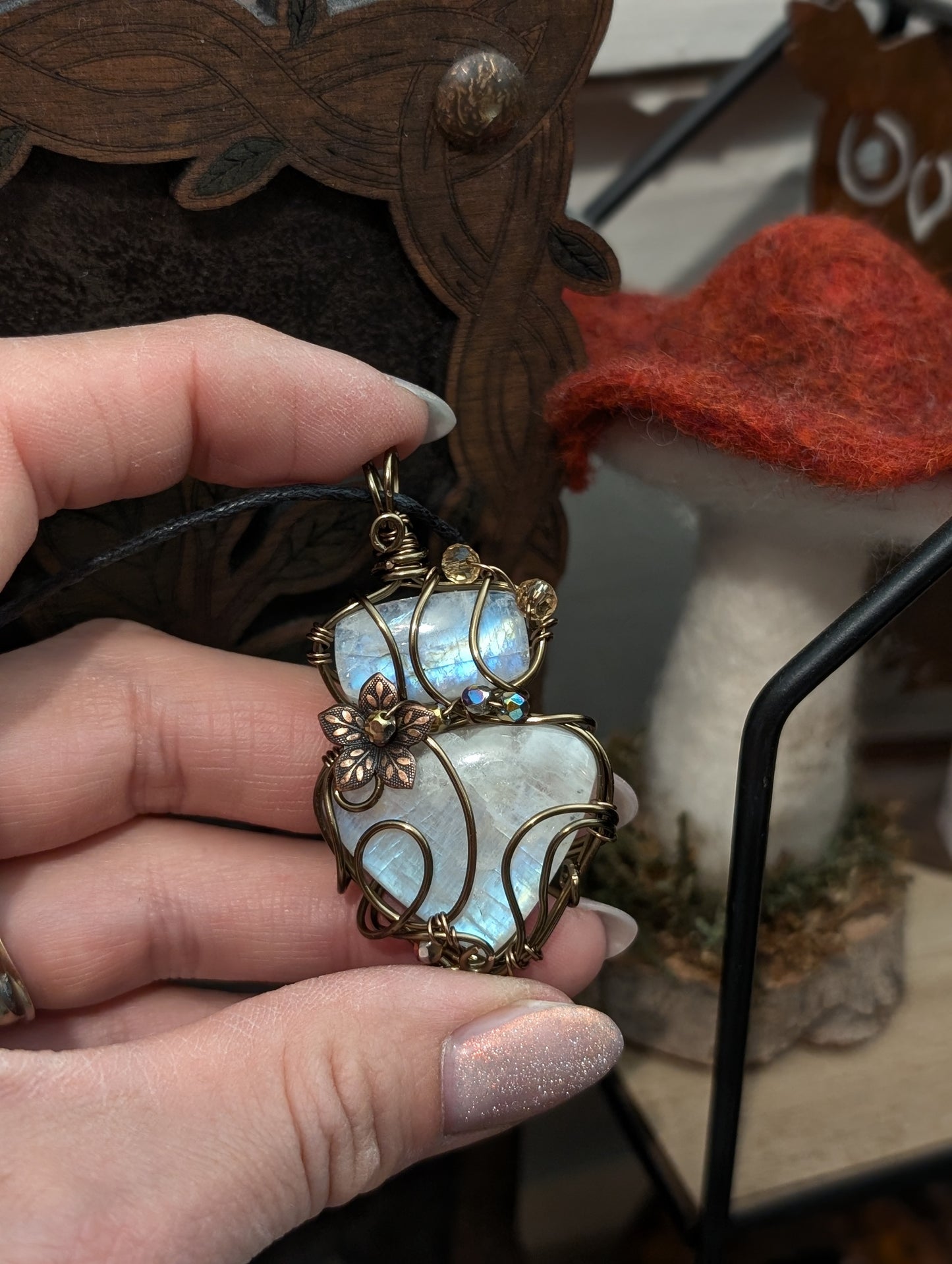 Collier double labradorite blanche pierre de lune arc-en-ciel