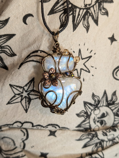 Collier double labradorite blanche pierre de lune arc-en-ciel