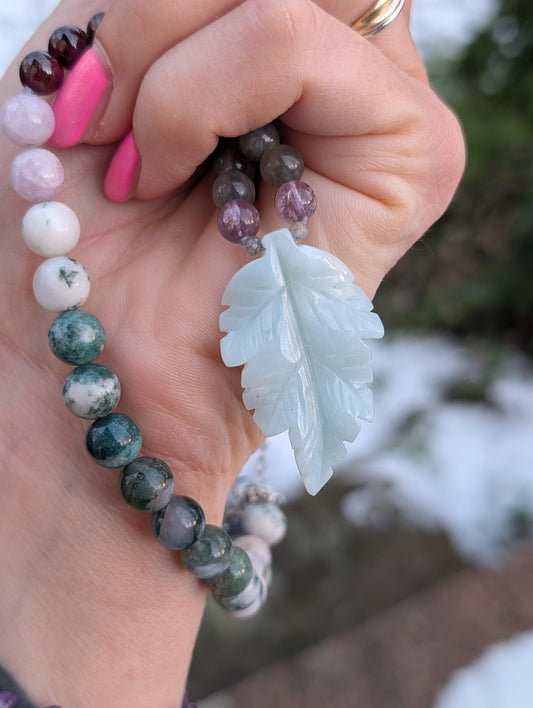 Collier nature amazonite kunzite grenat agate arbre et mousse