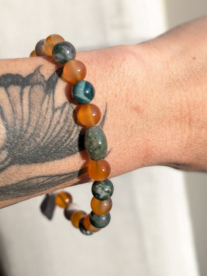 Bracelet réglable 17 à 25 cm cornaline agate mousse agate arbre