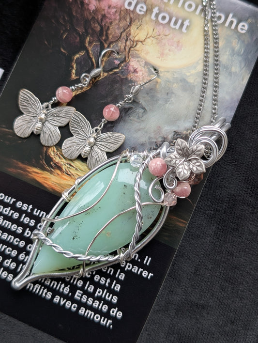 Collier unique chrysoprase avec boucles d'oreilles rhodochrosite