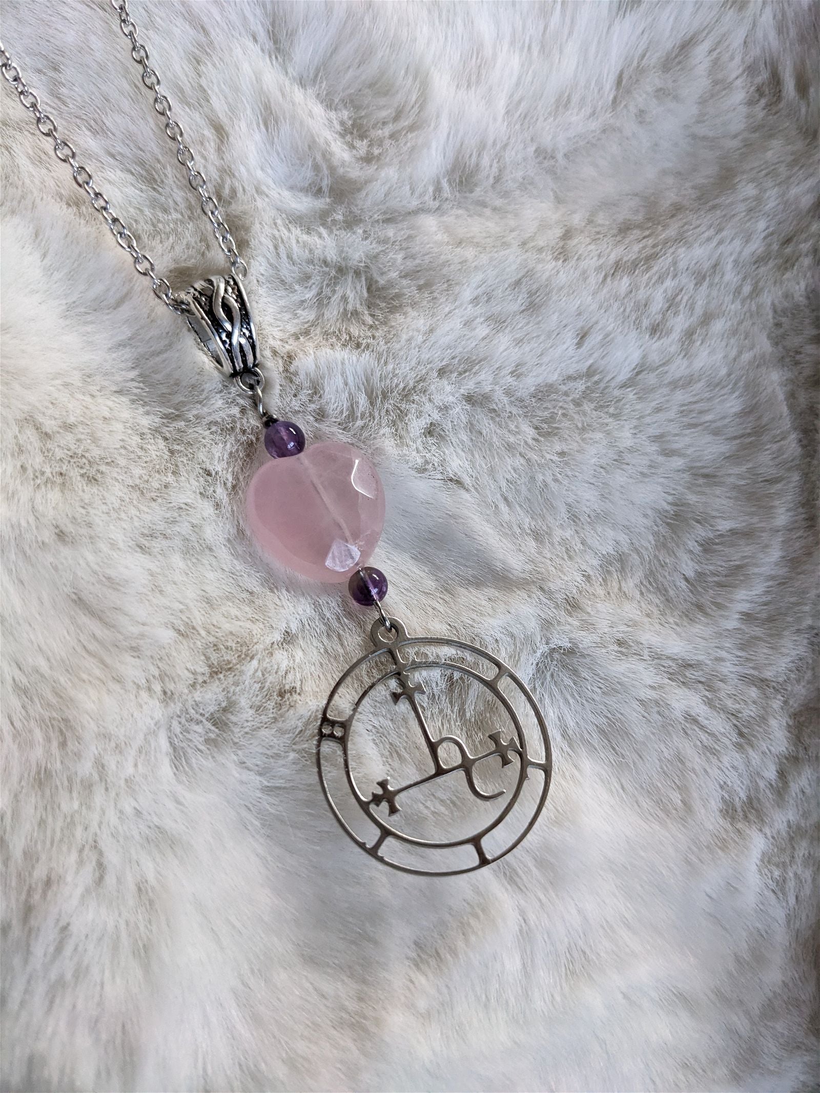 Talisman Lilith INOX collier coeur quartz rose améthyste - Aurore Lune 