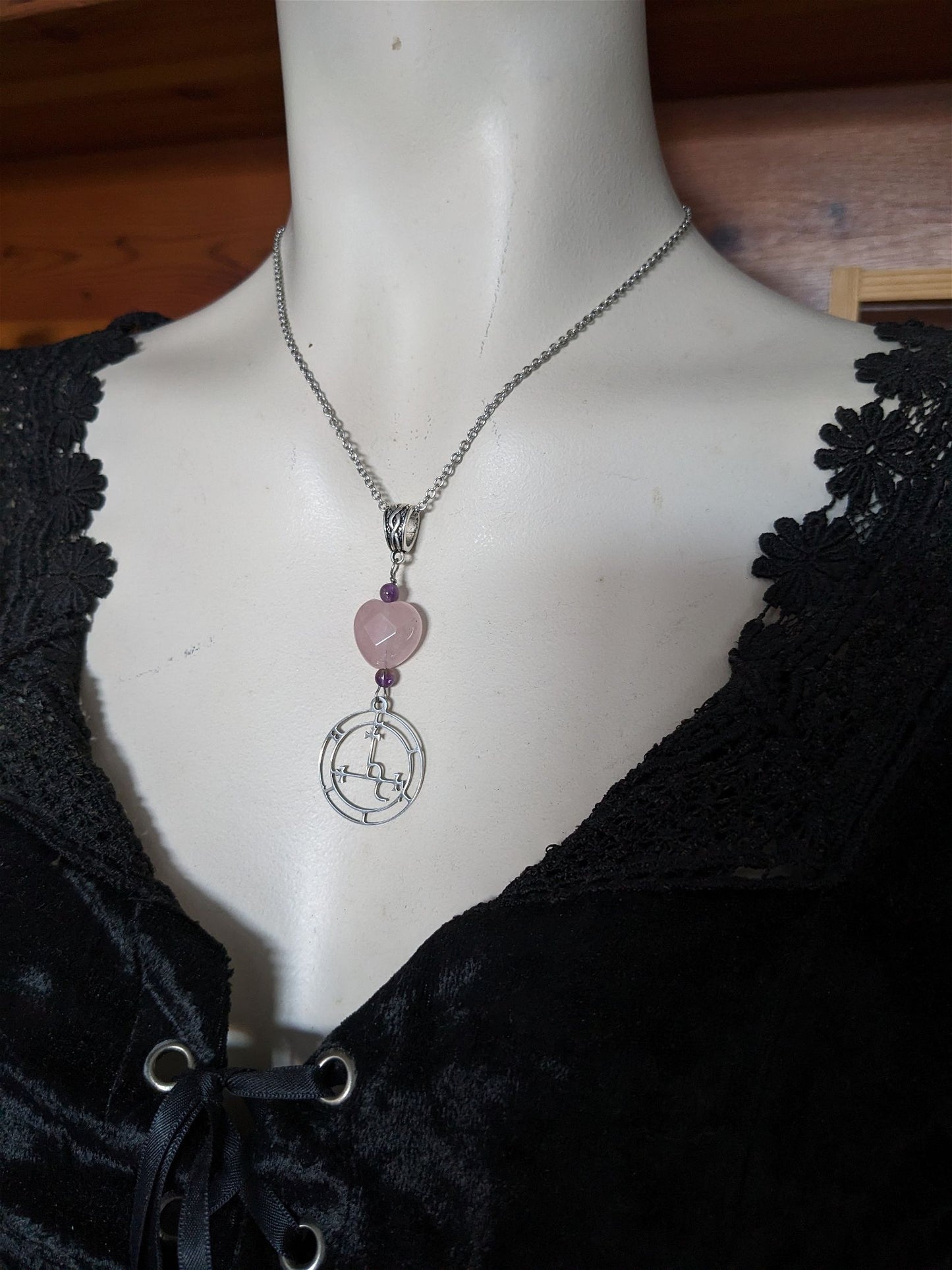 Talisman Lilith INOX collier coeur quartz rose améthyste - Aurore Lune 