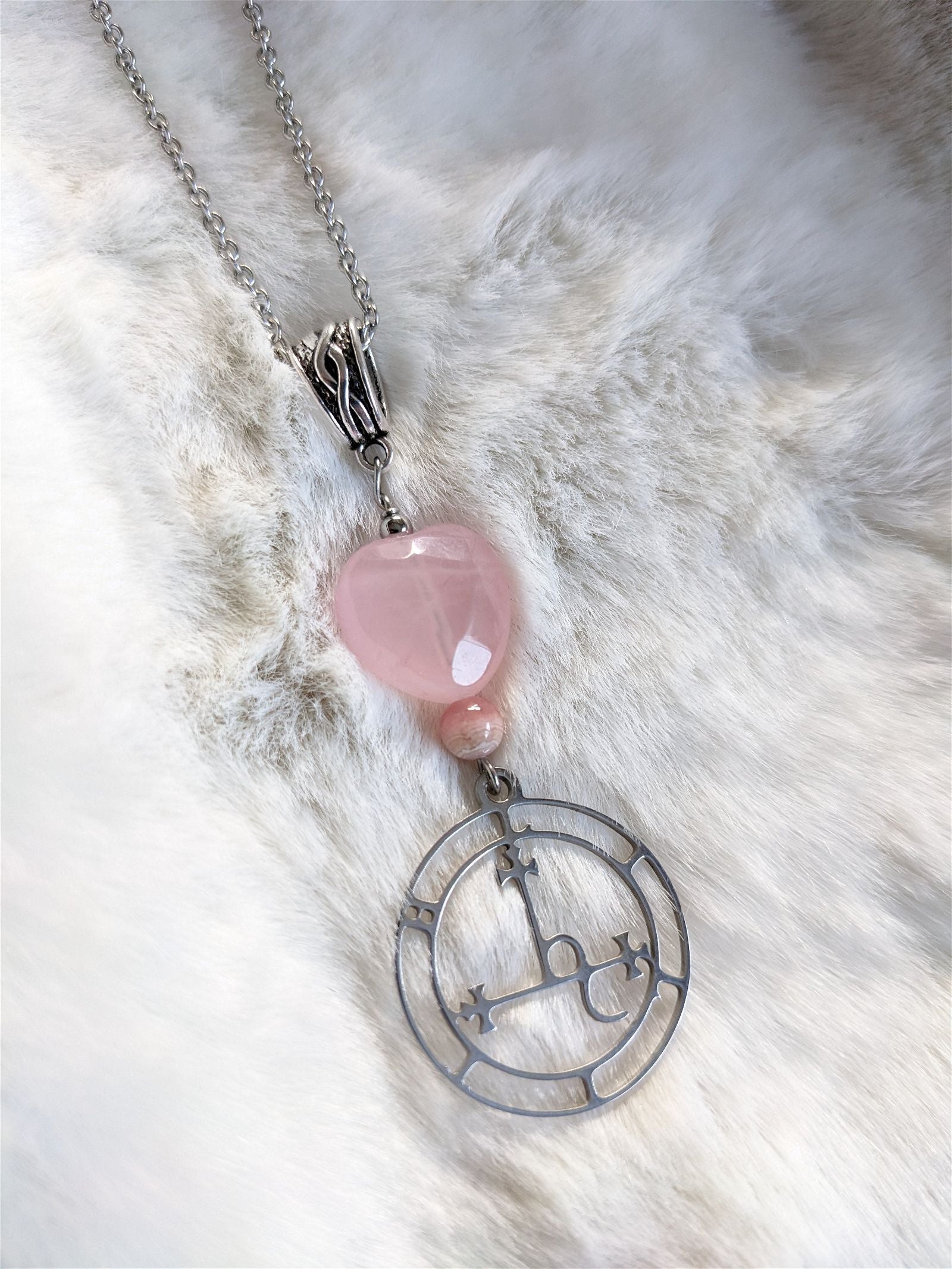 Talisman Lilith INOX collier coeur quartz rose rhodochrosite - Aurore Lune 