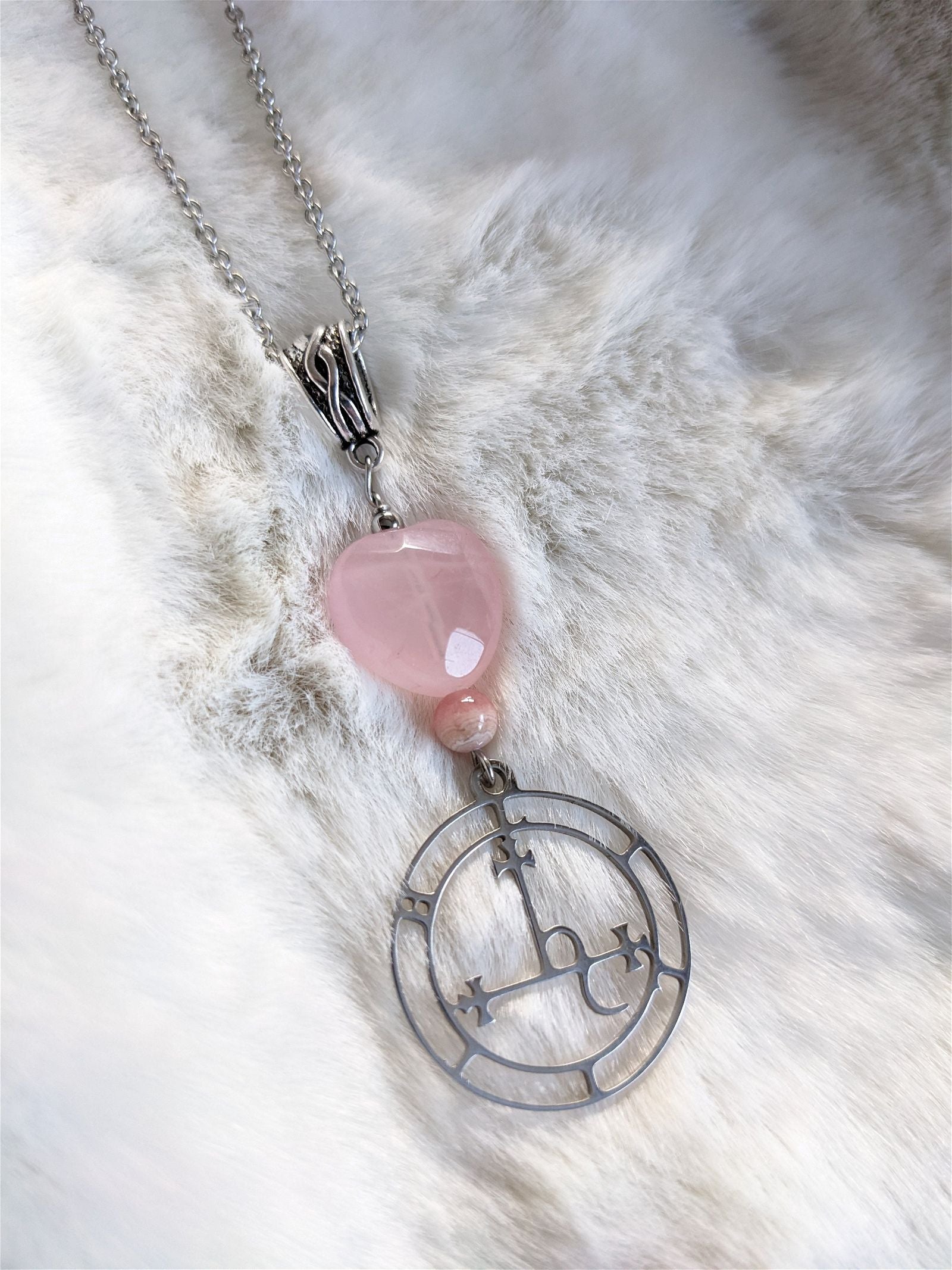 Talisman Lilith INOX collier coeur quartz rose rhodochrosite - Aurore Lune 