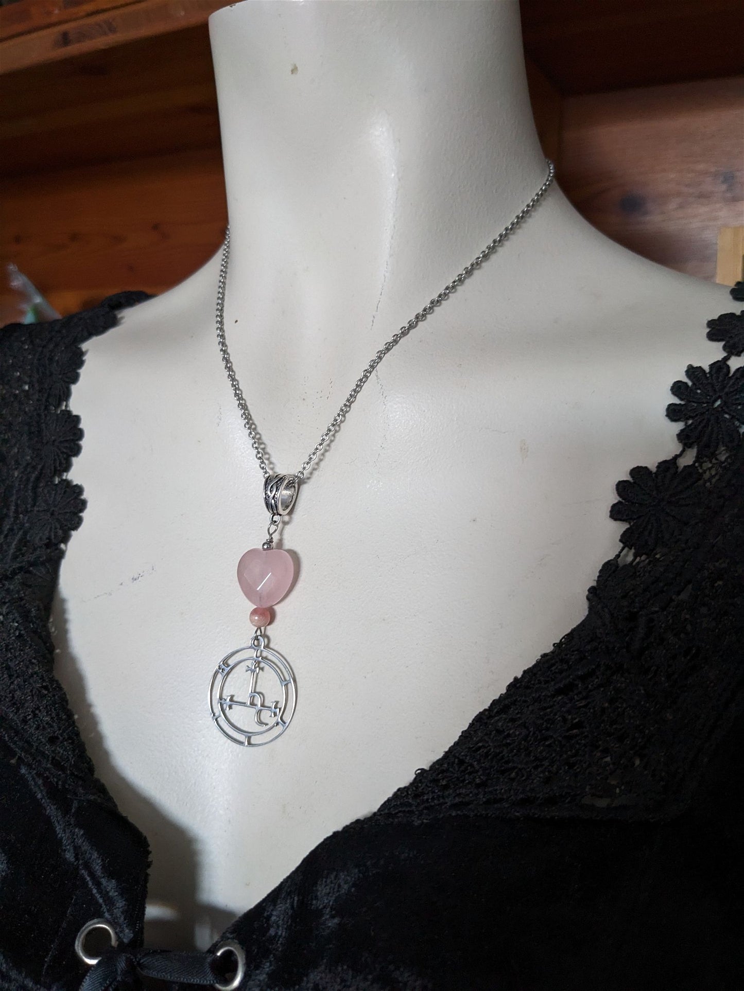 Talisman Lilith INOX collier coeur quartz rose rhodochrosite - Aurore Lune 